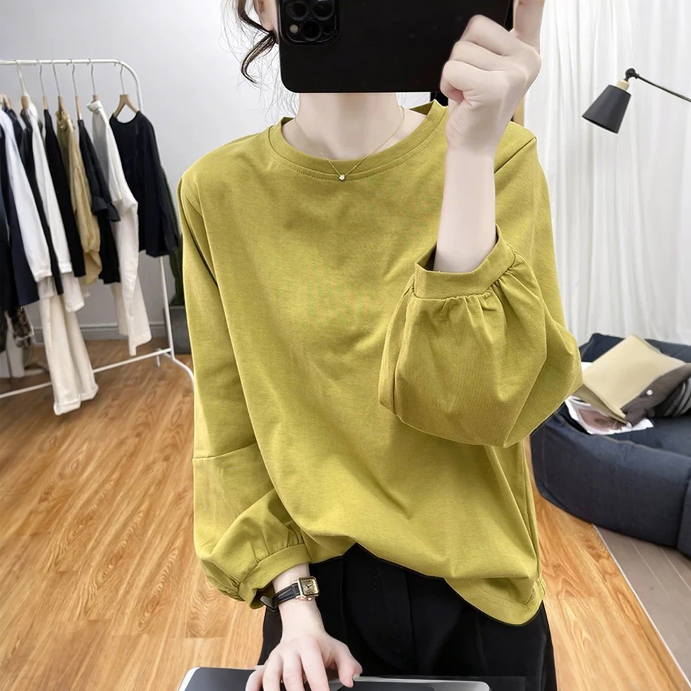 纯棉灯笼袖九分袖T恤女式秋装韩系宽松减龄复古褶皱打底体恤上衣