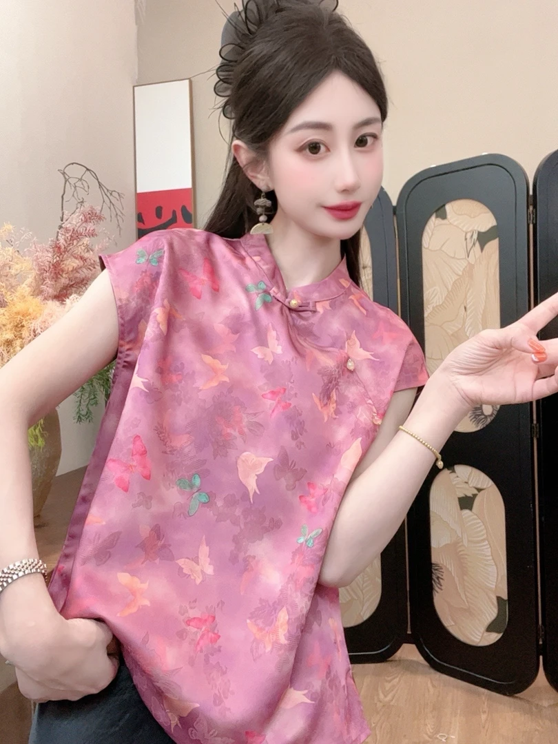 【纷纷】2025夏季新粉色款短袖百搭显瘦新中式短袖女日常