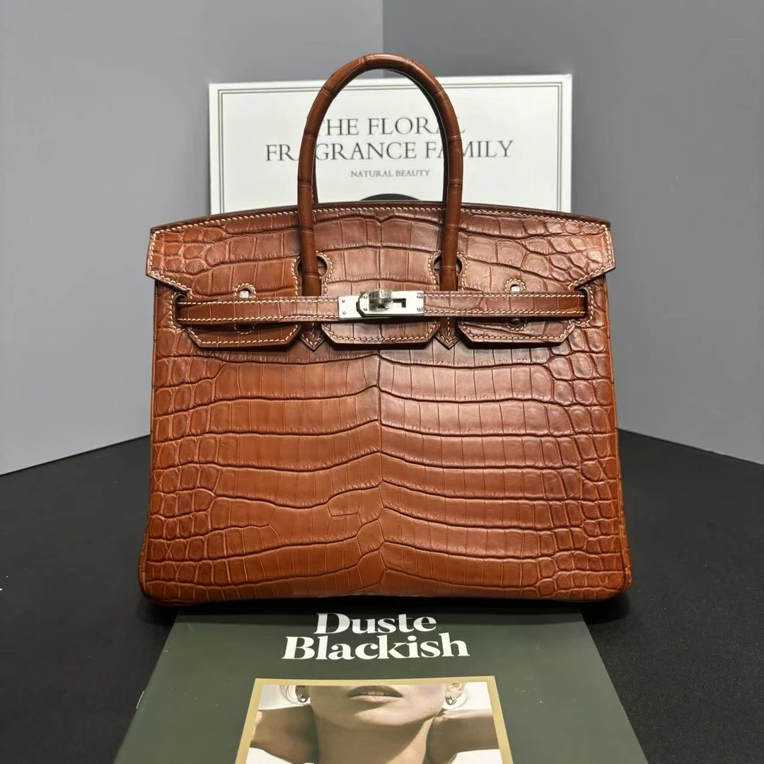 蛇年礼盒高定轻奢BK30CM马鞍色水染雾面湾鳄鱼皮单肩手提包