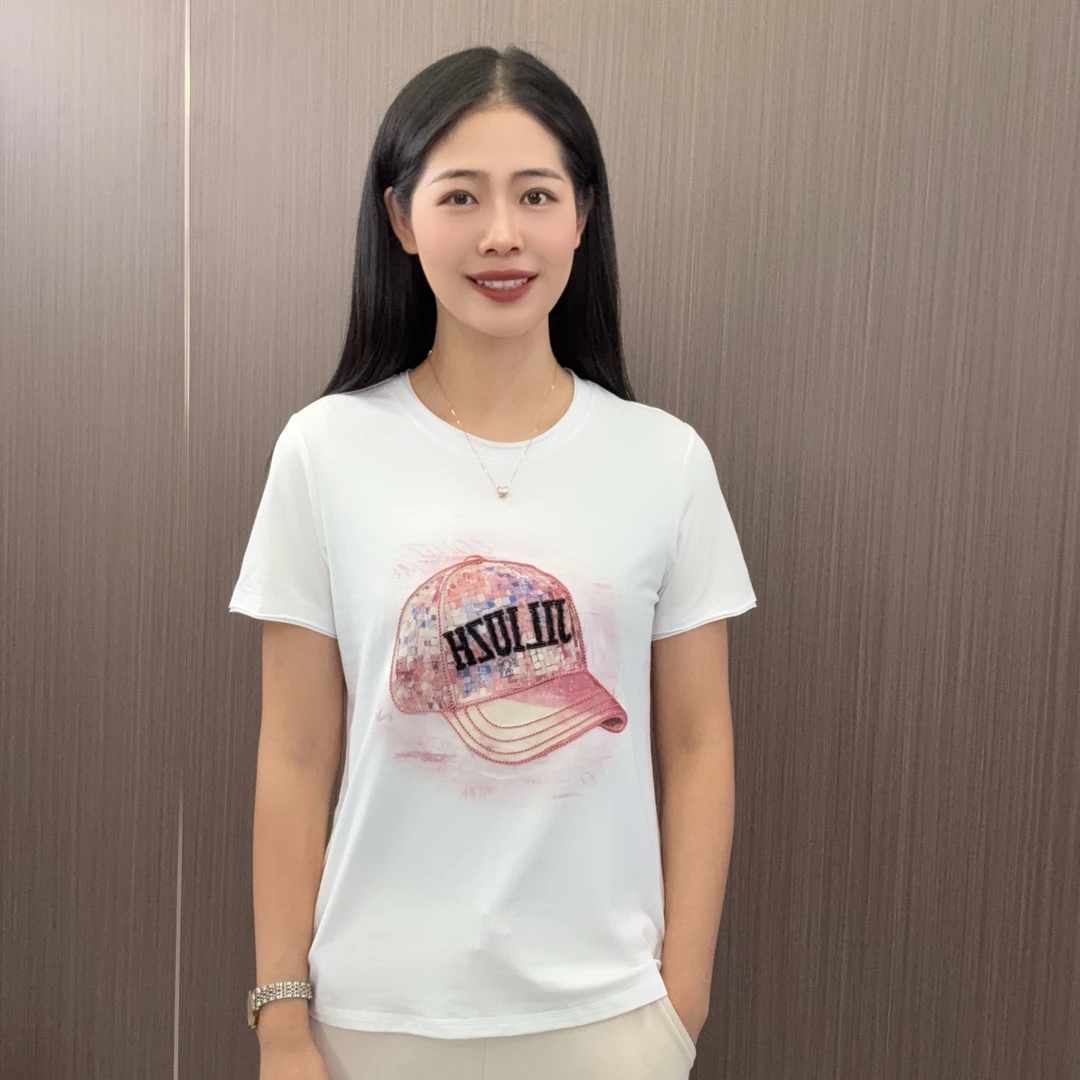 金六指夏季莫代尔刺绣帽子顶珠重工艺显瘦女士短袖t恤时尚打底衫