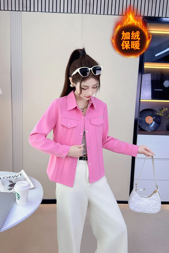 加绒加厚短款百搭女纯色短外套休闲修身上衣7817#