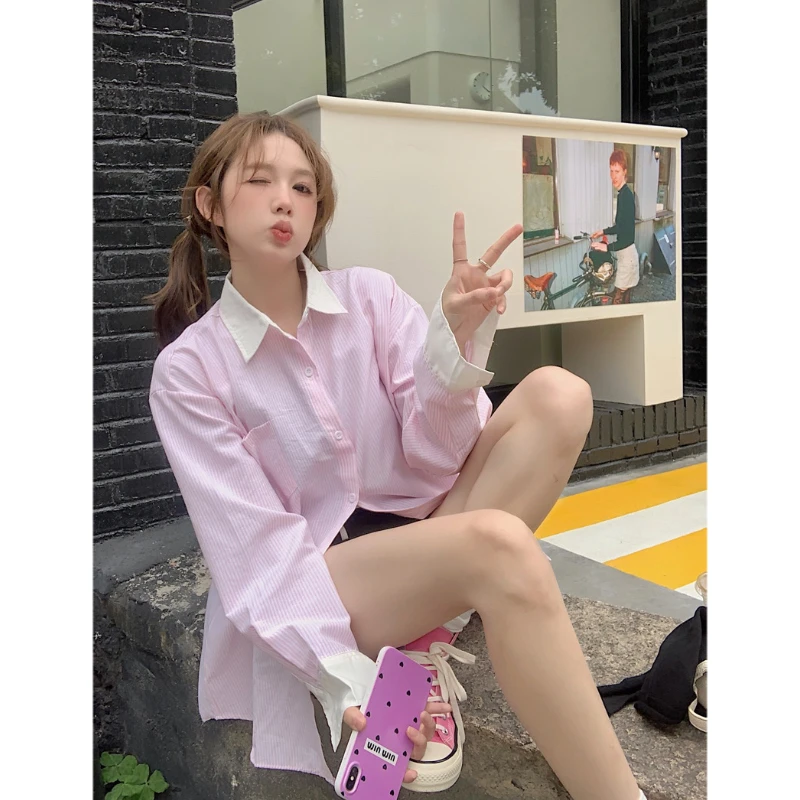 韩系条纹长袖衬衫女春秋宽松撞色中长款开衫上衣潮流法式小众衬衫