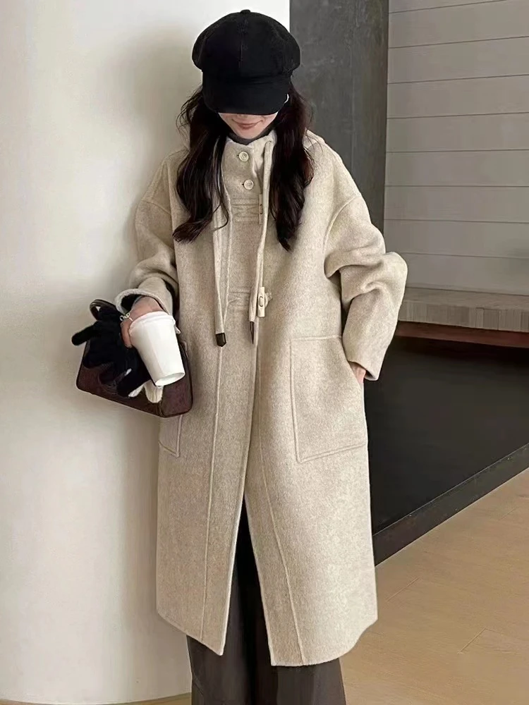 2025韩版高端气质连帽中长款双面呢大衣女慵懒宽松显瘦9026