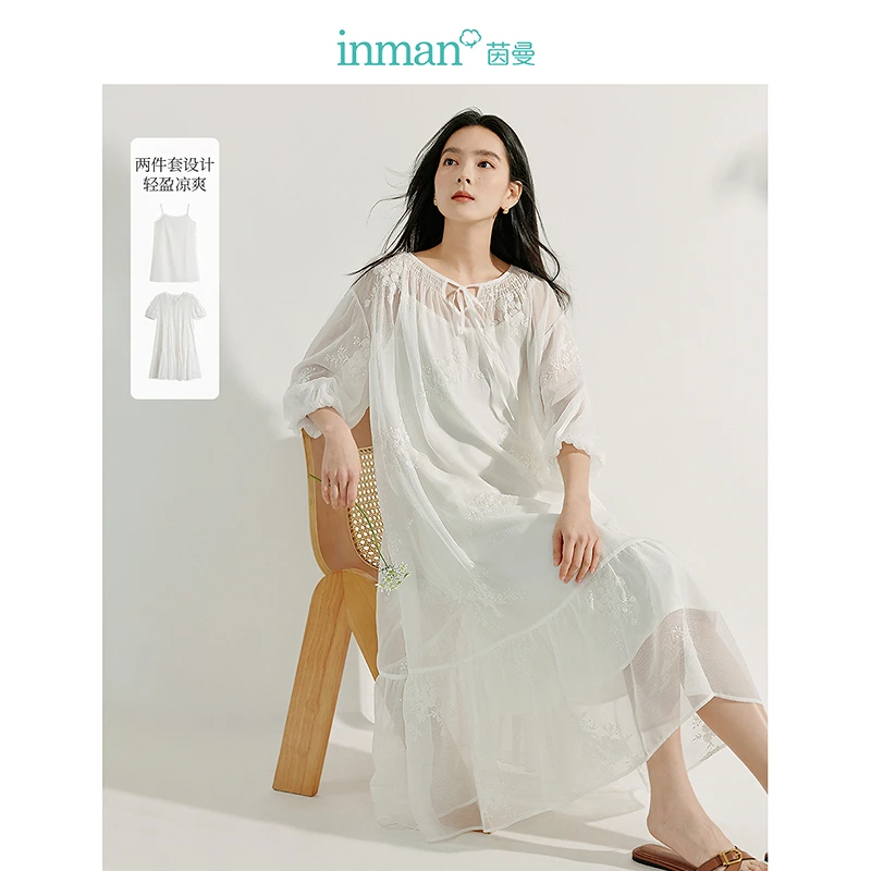 【欧若智性风】茵曼春季法式吊带连衣裙两件套系带圆领中袖绣花长裙