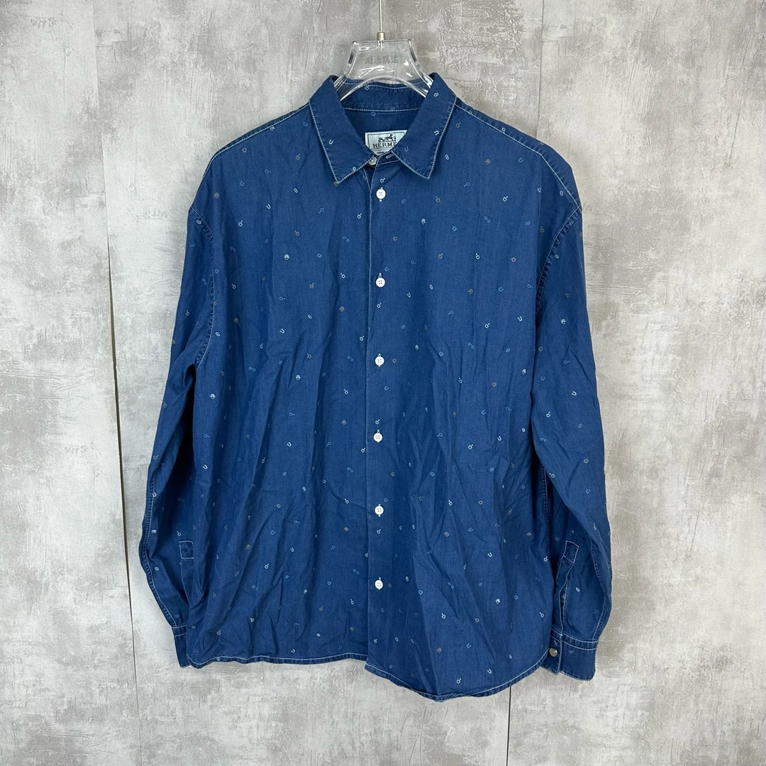95新 Hermes/爱马仕 （PM）刺绣马蹄小马牛仔衬衫 39码
