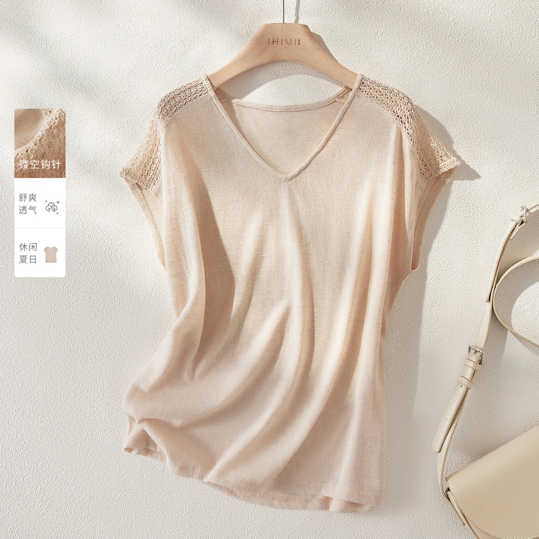 IHIMI/海谧V领镂空凉爽短袖T恤2025夏季新款度假感休闲宽松上衣女
