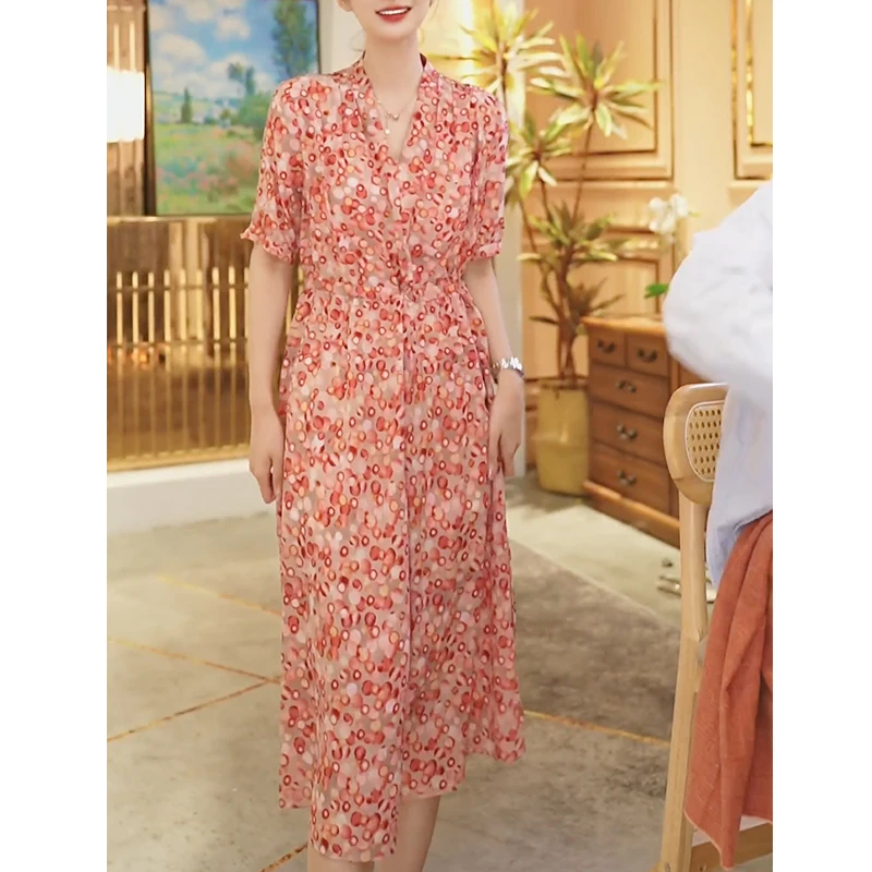 【堇兰桑蚕丝】春夏气质真丝裙印花收腰桑蚕丝连衣裙女YYQ22-996