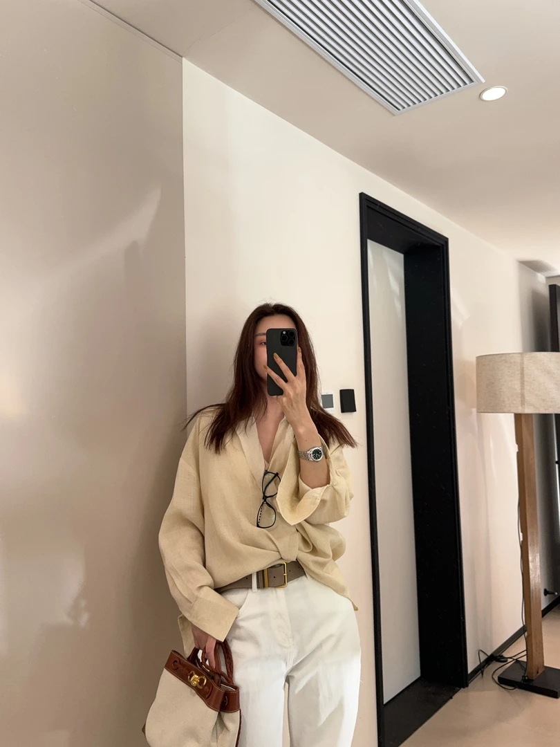 ［IAMMEIYA］-大骨架穿搭 古令 V领麻料衬衫580698