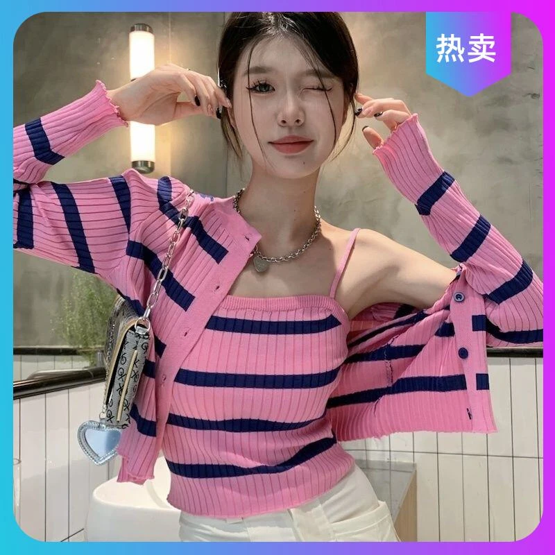 【1238人好评】2025年春装韩版复古百搭条纹单排扣长袖针织开衫内搭