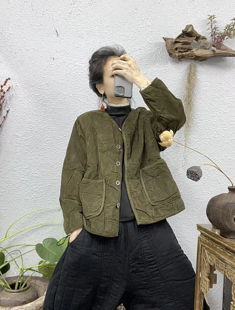 2211夹棉细纹灯芯绒圆领棉袄上衣（前60后65胸围120