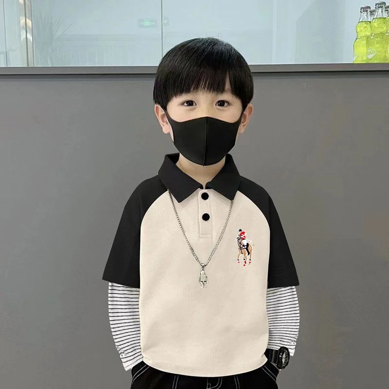 潮宝男童长袖POLO衫春秋冬款2025新款儿童撞色长袖假两件打底衫恤