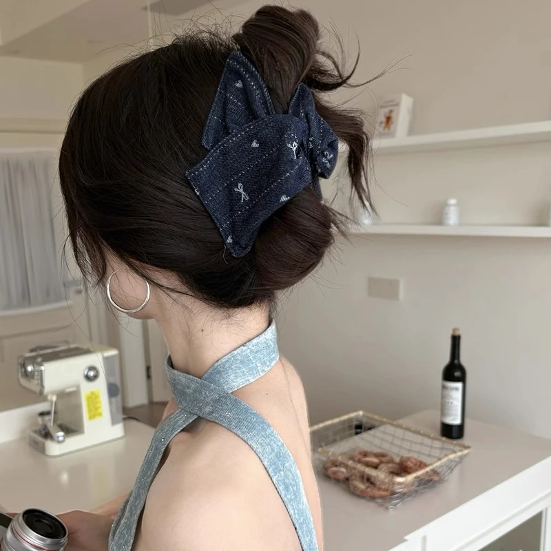 韩系牛仔蝴蝶结三角抓夹饱满后脑勺盘发夹夏日氛围感发量多鲨鱼夹