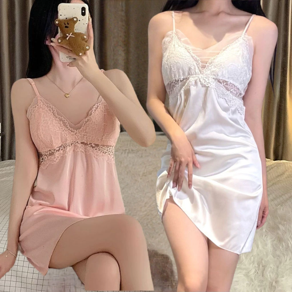 夏天夏季新款蕾丝真丝性感可外穿高级胸垫性感睡衣战袍大码纯欲风