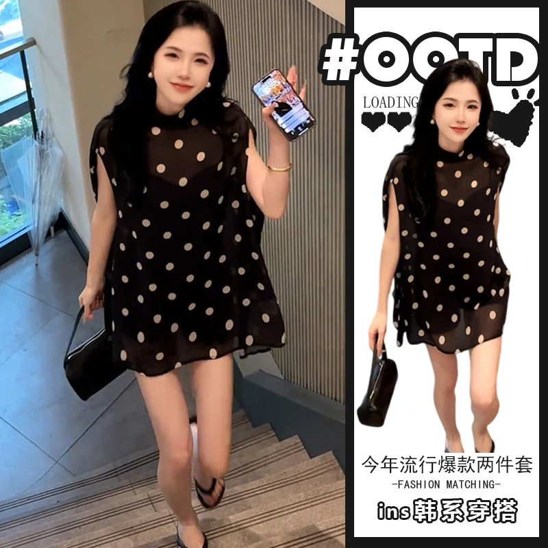 法式黑色波点无袖雪纺衬衫女夏季小众别致斗篷披肩显瘦短裤两件套