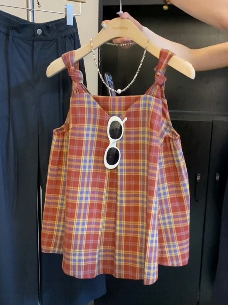 【现货+运费险】小众设计感扭结格子吊带背心夏季2025新款无袖上衣