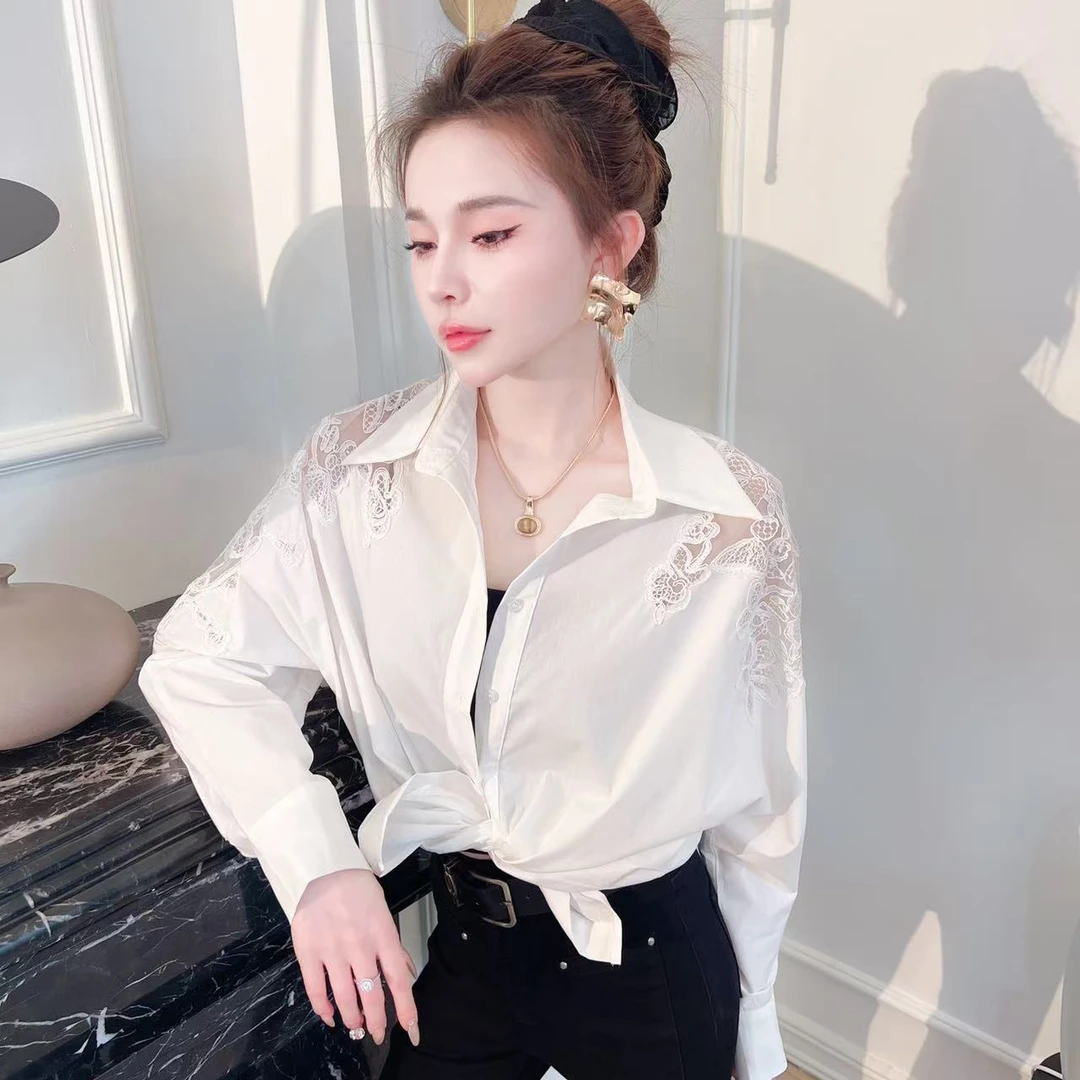 HNIH石艺2025春季新款设计感蕾丝拼镂空性感气质HS80105长袖衬衫