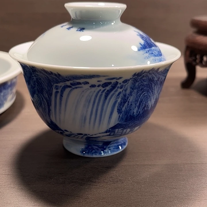 沈窑手绘山水盖碗