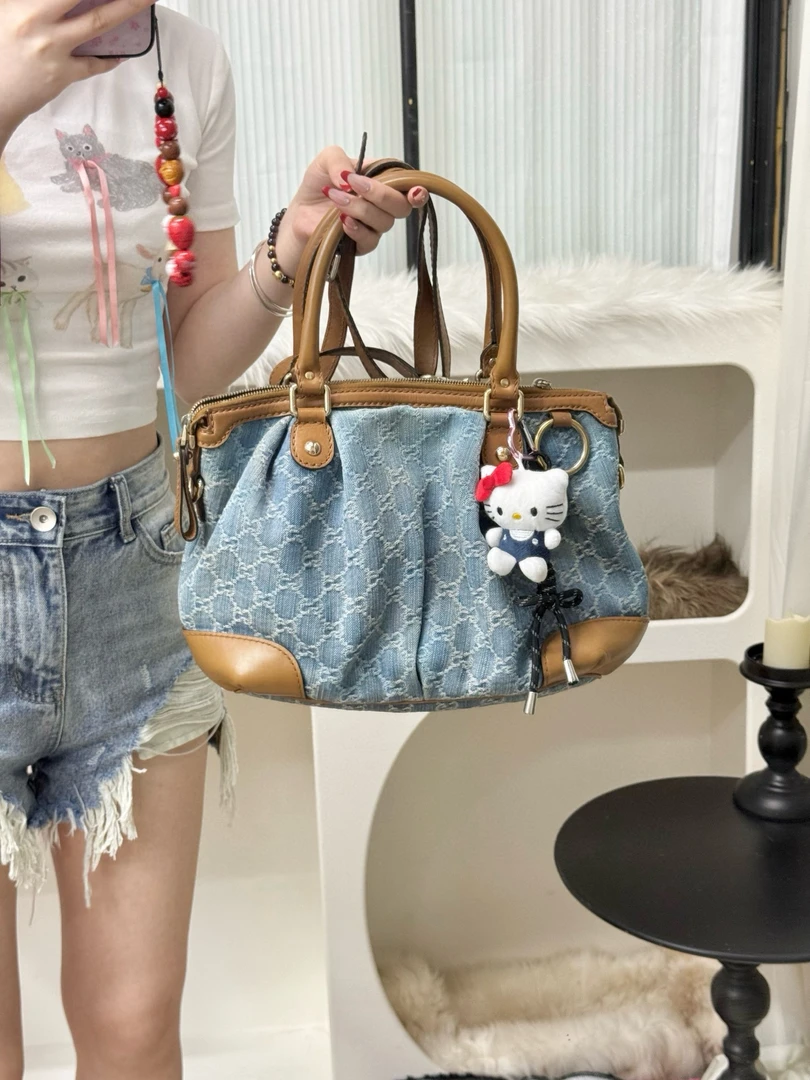 95新 GUCCI/古驰 gucci丹宁牛仔拼色波士顿手提斜挎包(K)