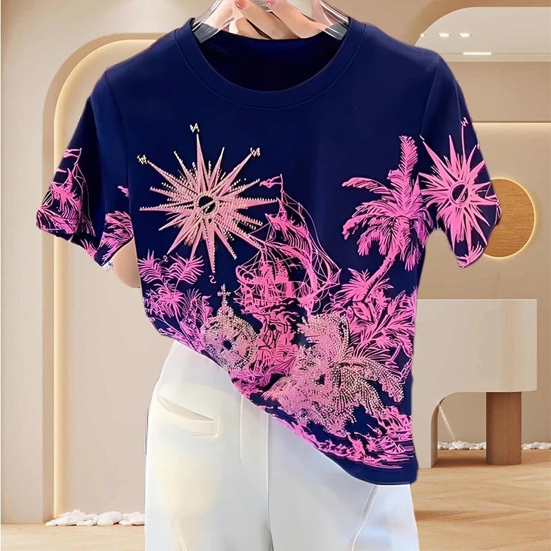 水墨芒星烫钻印花纯棉春游出行衣服2025夏季百搭休闲短袖T恤女