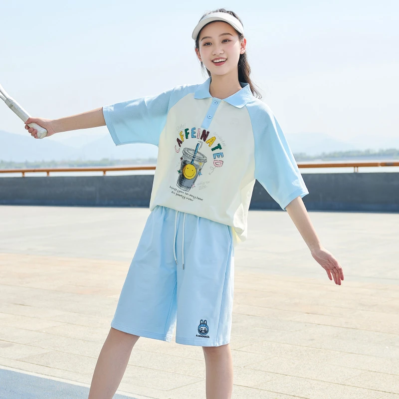 初高中学生POLO短袖T恤套装女2025新款夏季青少年少女大童两件套