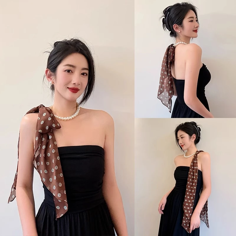 韩系氛围感棕色水纹波点珍珠丝巾飘带女2025新款百搭装饰绑发领巾