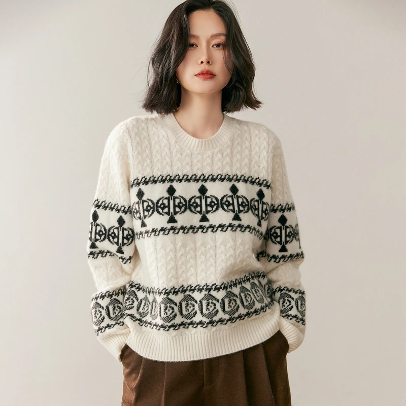 秋冬时尚宽松型慵懒女宽松复古加厚套头毛衣上衣针织女士长袖圆领