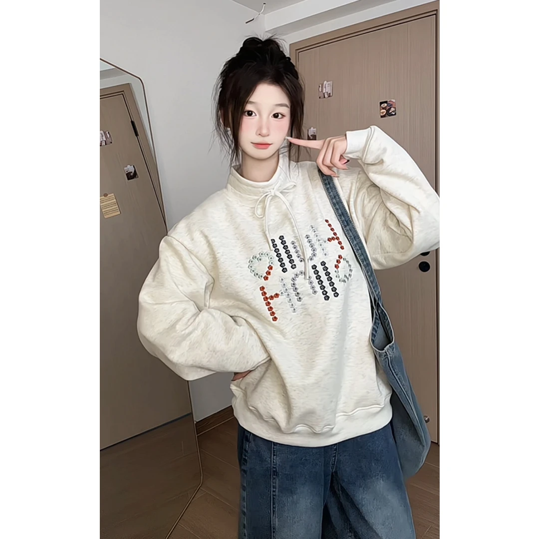 秋冬新款花体刺绣荷叶领套头卫衣女2025新款加绒加厚宽松韩版上衣