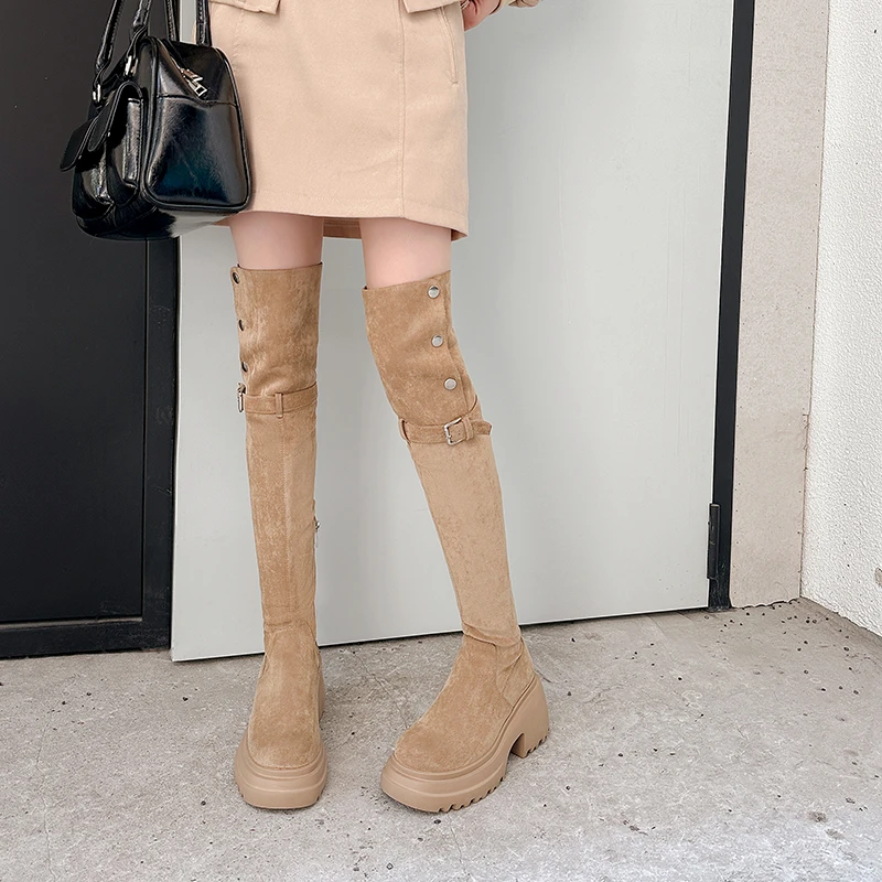爱格琳  美拉德一鞋三穿绒面过膝靴2025新款长筒靴女弹力瘦瘦靴女