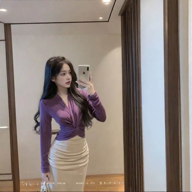 短款长袖褶皱气质名媛/淑女T恤显瘦暗黑ins纯欲黑色