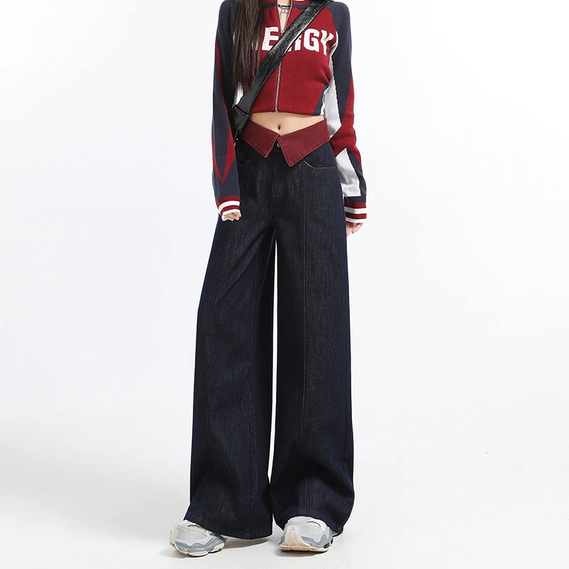 2025春夏新货#丹宁蓝新款宽松高腰显瘦拼接直筒裤阔腿牛仔长裤女