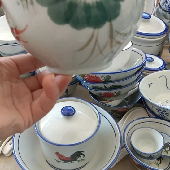 陶瓷手绘5寸荷叶鱼碗10个默认不退不换