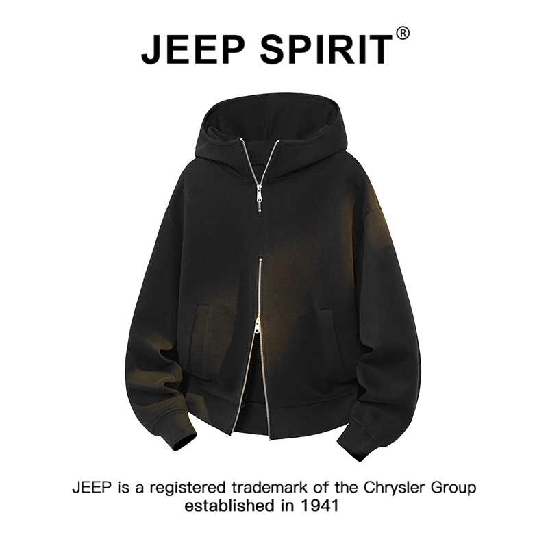JEEPSPIRIT吉普双拉链连帽开衫卫衣冬季新款男士宽松纯色休闲外套