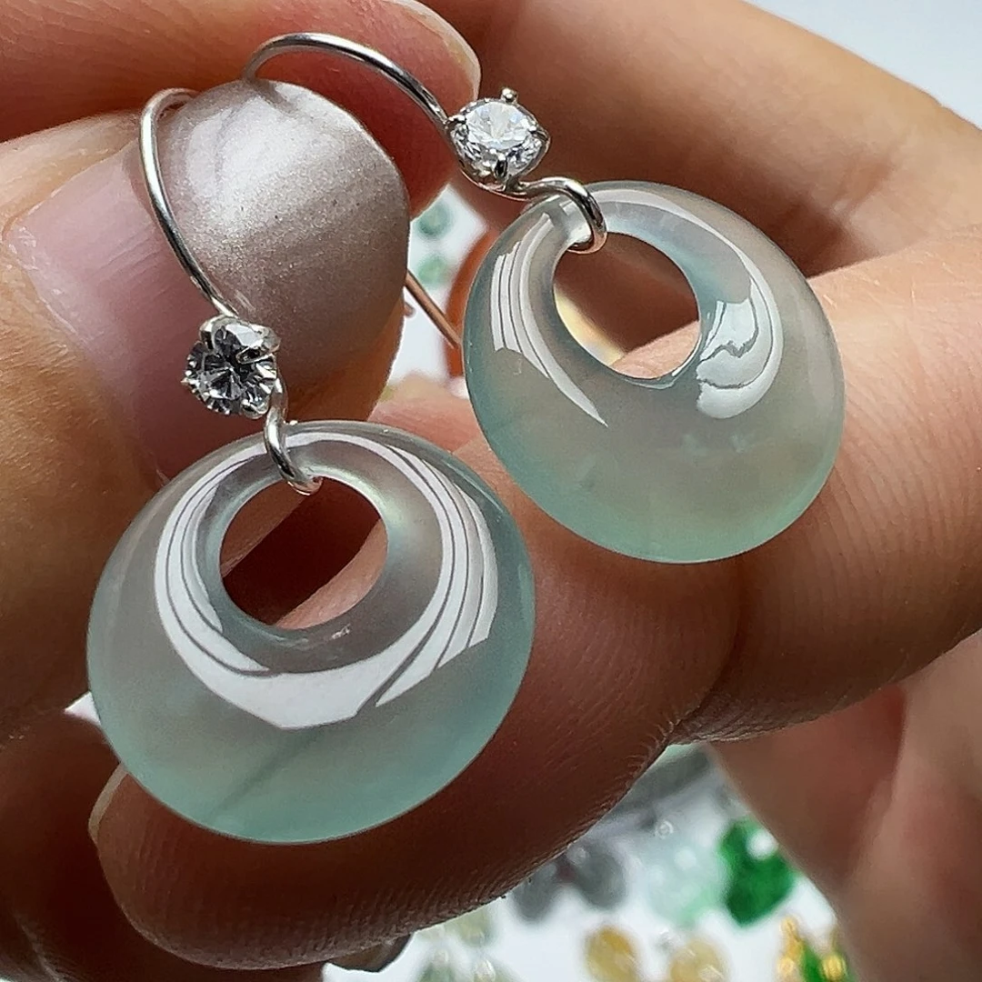 翡翠银S925镶嵌耳饰天然缅甸A货翡翠