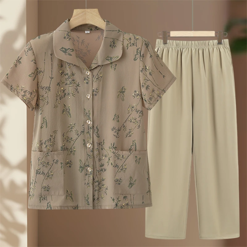 妈妈夏装套装翻领短袖衬衫上衣服中老年人女夏季70岁老太太奶奶装