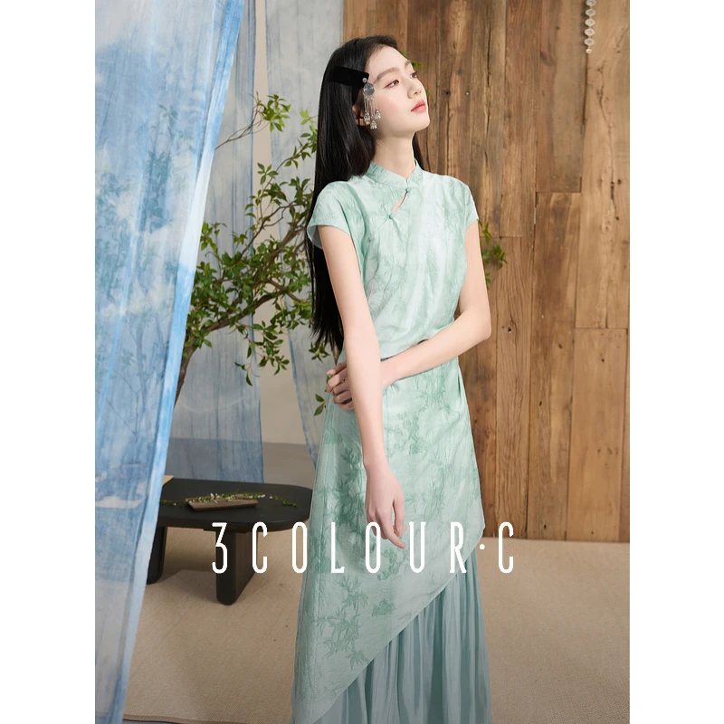 三彩【行云流水】2025春季新款新中式连衣裙假两件拼接长裙C