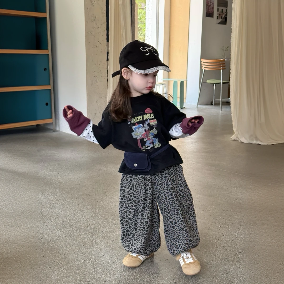 女童套装2025秋季新款韩版时髦休闲卡通假两件T恤豹纹休闲裤套装
