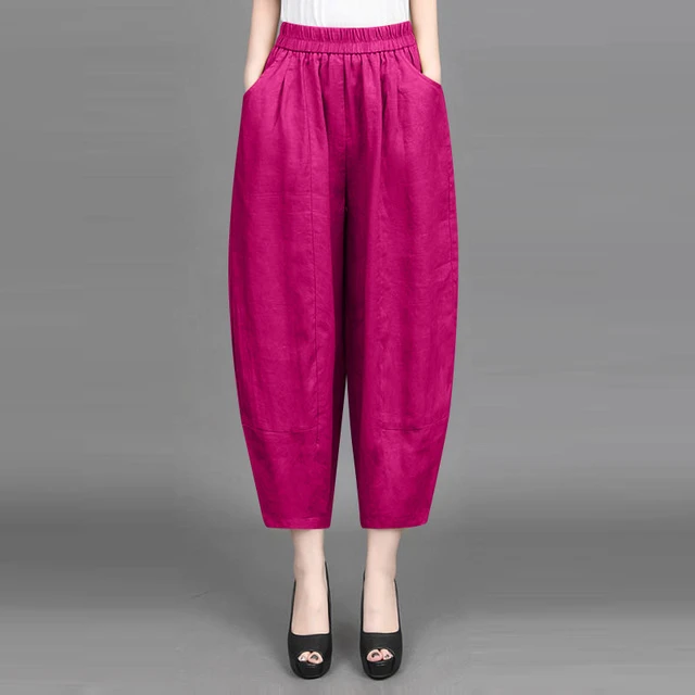 亚麻灯笼裤宽松女裤阔腿萝卜裤春夏季大码时尚胖MM棉麻九分哈伦裤