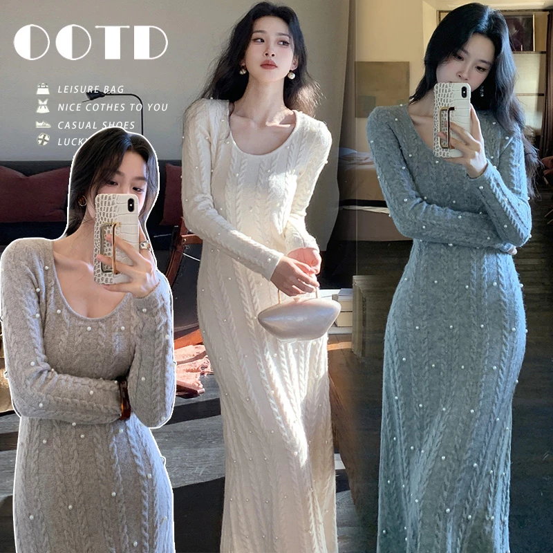 孕妇秋装高级设计手工钉珠法式茶歇裙修身百搭打底连衣裙