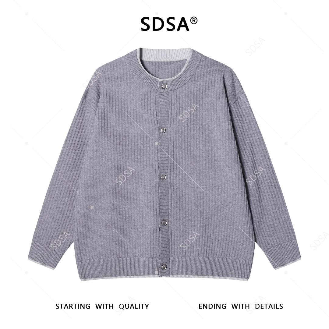 SDSA秋冬新款痞帅男装慵懒风竖纹纽扣圆领假两件开衫针织毛衣百搭
