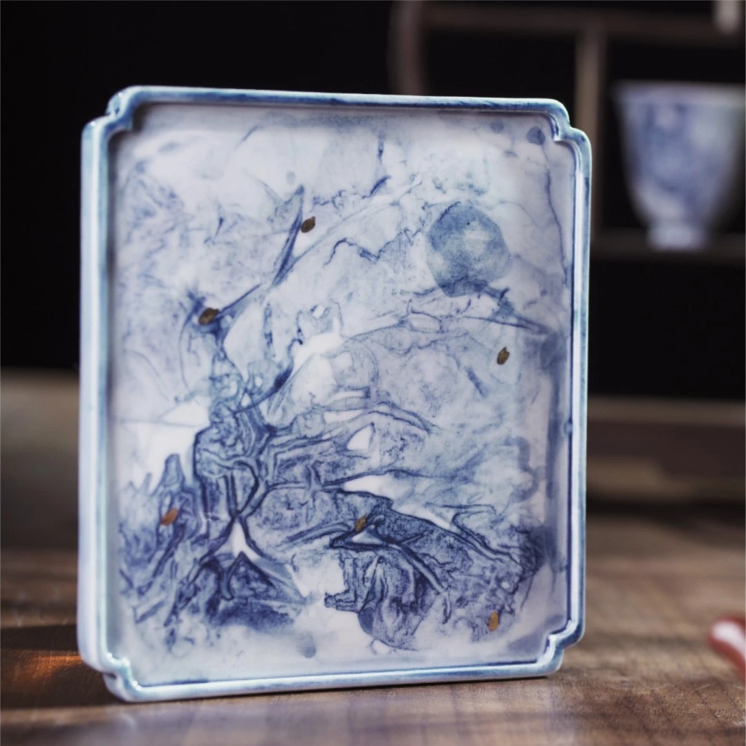 [学茶严选]手绘水墨青花洒金陶瓷壶承-景德镇匠人手制