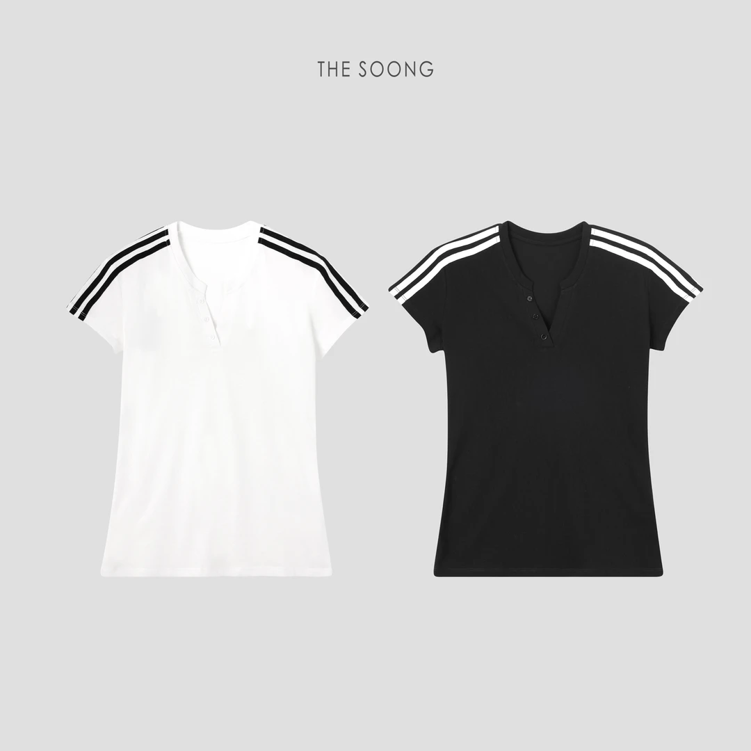 THESOONG|‘三道杠条纹’极简质感撞色条纹半开领T恤上衣HWTX6835