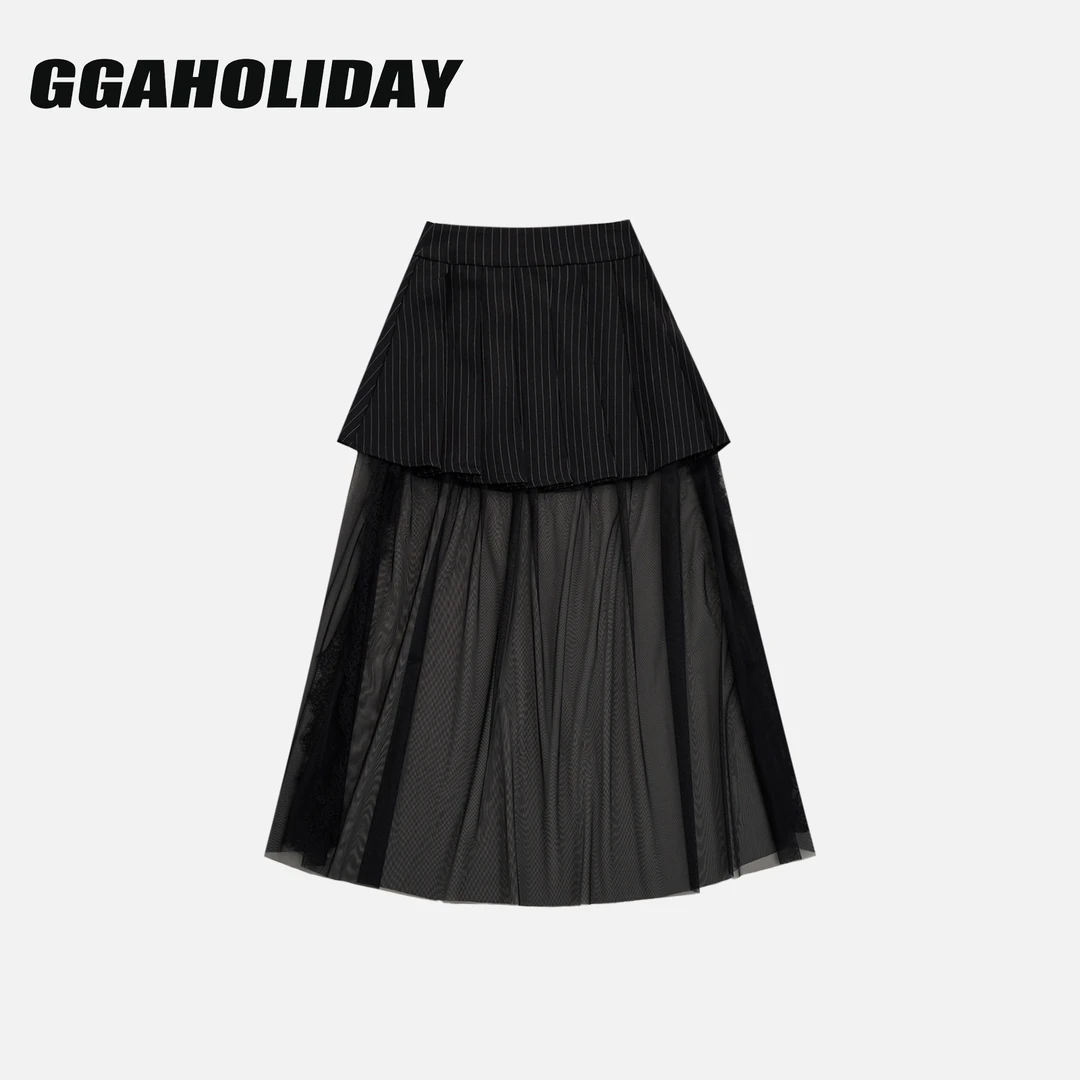 【上新】GGAHOLIDAY时尚百搭女士双层拼接网纱中长款半身裙-153036