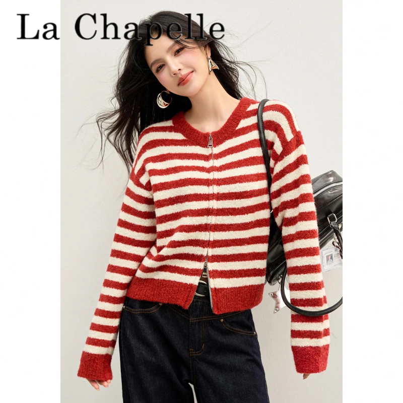 拉夏贝尔圈圈绒吸睛好运红！红色毛衣女条纹上衣外套上衣百搭时尚