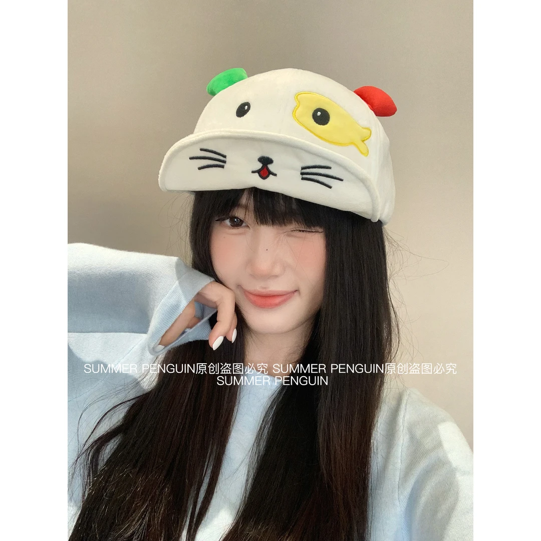 SUMMER PENGUIN可爱猫咪短檐软顶毛绒鸭舌帽子女小怪卡通棒球帽