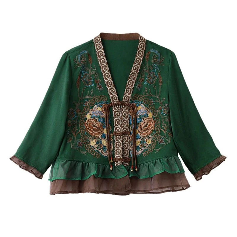 复古国风女装V领珠扣纱面拼接外套R刺绣重工古色古香提花百搭开衫
