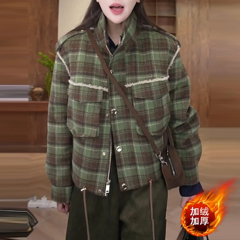 格纹拼色气质显瘦设计感加绒加厚上衣女秋冬季韩系潮流百搭短外套