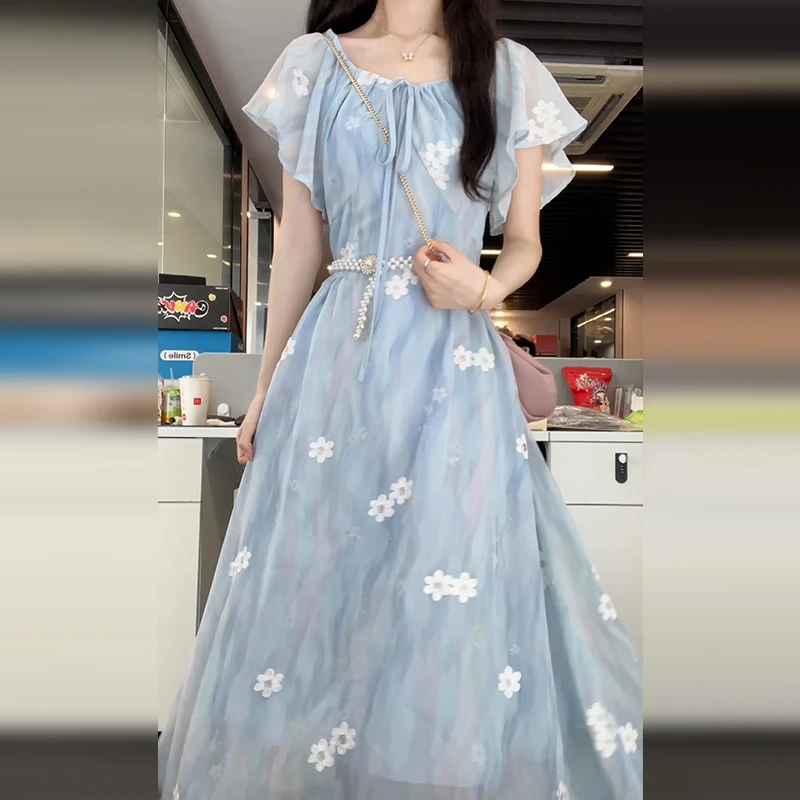 3401蓝色碎花连衣裙子女夏季新款海边度假法式气质高级感绝美长裙