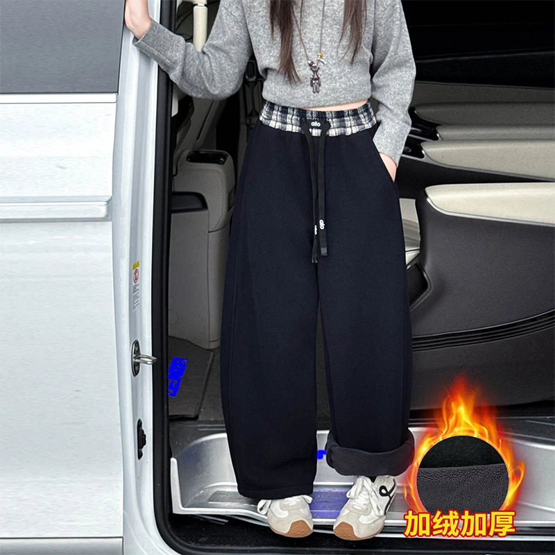 女童秋冬加绒休闲裤2025新款儿童洋气加厚拼格直筒裤大童炸街长裤