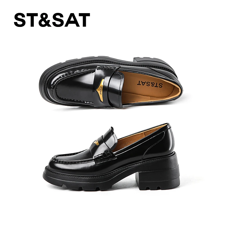 St&Sat/星期六2025春夏新款乐福鞋粗跟平底舒适真皮单鞋