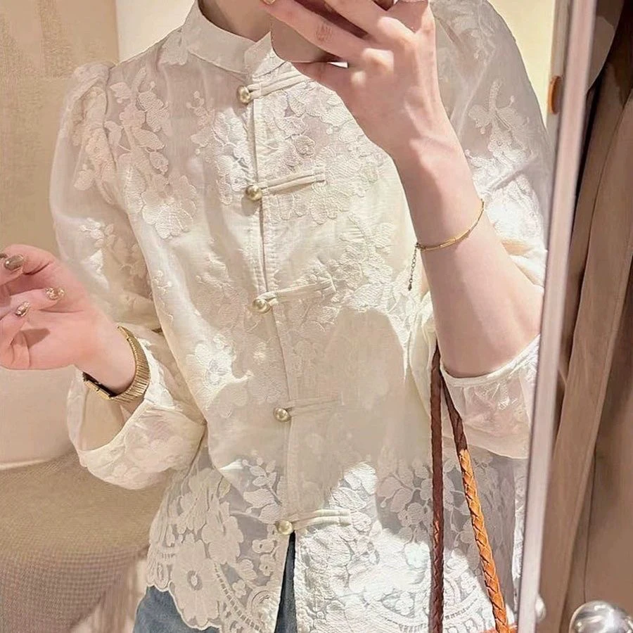 早春新款轻中式盘扣挂衬蕾丝上衣5026